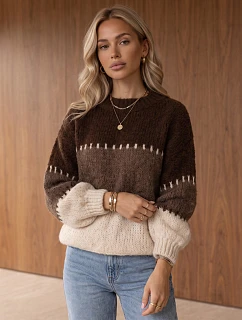 Dámsky pletený sveter so širokými pruhmi, hnedý, FashionStreet MY2628