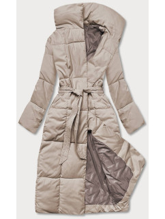 Svetlo béžový zimný dámsky kabát s opaskom (2M-061)