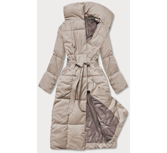 Svetlo béžový zimný dámsky kabát s opaskom (2M-061)