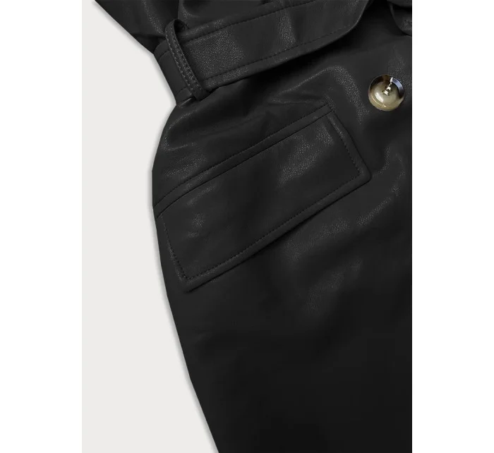 Čierny dvojradový klasický dámsky kabát z ekologickej kože AnnGissy (AG6-30)