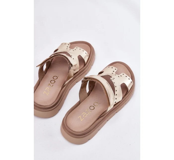 Klapki Damskie Z Naturalnej Skóry Na Platformie Zazoo 40440 Złote