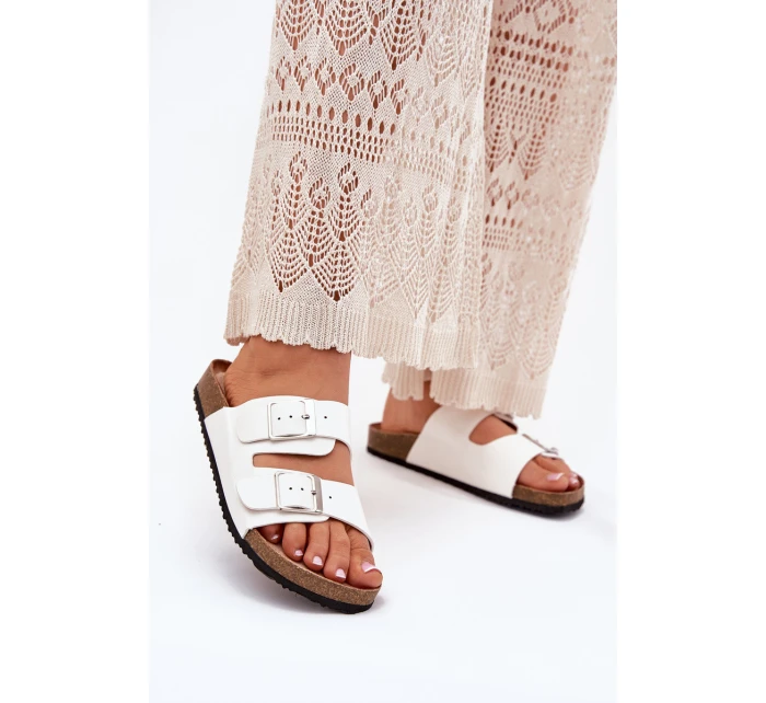 Klapki Damskie Na Korkowej Platformie Klamry Białe Evisolla Klapki Damskie Na Korkowej Platformie Klamry Białe Evisolla