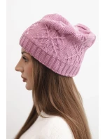 Dámská zimní čepice z vlny a pletením s perličkami tmavě růžová model 21783057 - K-Fashion