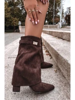 Ocieplane Botki Damskie Na Słupku Z Ozdobnym Paskiem Czekoladowe Luvielle