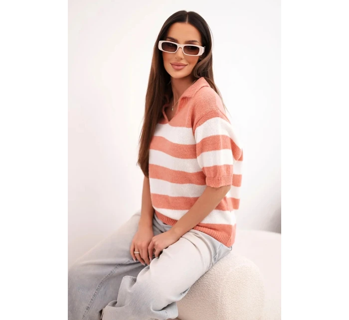 Dámsky pruhovaný sveter s krátkym rukávom a golierom