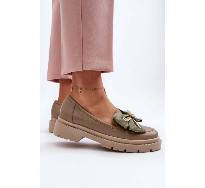 Damskie Skórzane Mokasyny Z Kokardą Laura Messi 2787 Beżowe