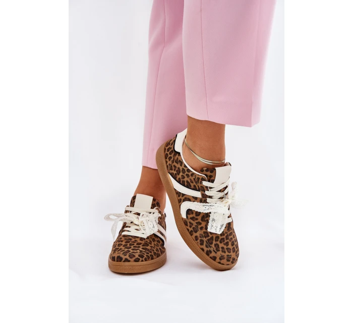 Niskie Sneakersy Damskie Z Koronką Panterka Brązowe Zielle Niskie Sneakersy Damskie Z Koronką Panterka Brązowe Zielle