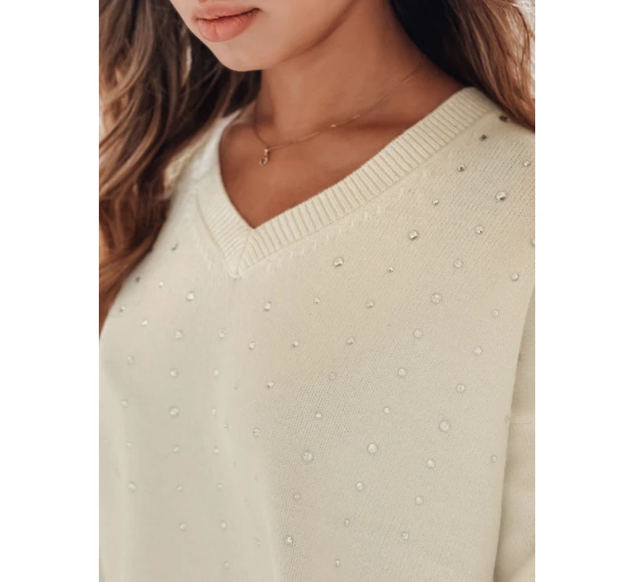 Dámský svetr s výstřihem do V ecru Dstreet model 21991002 - FashionStreet