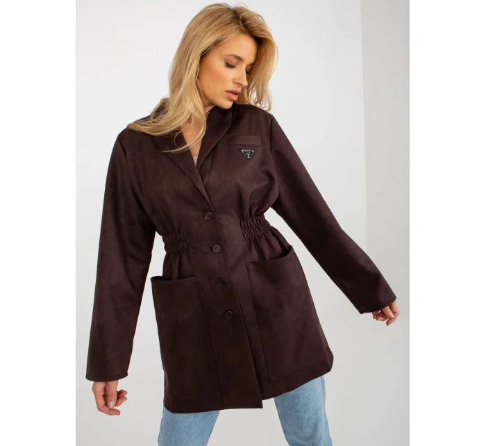 Tmavě hnědý tenký dámský kabát sako model 20840809 - Factory Price Tmavě hnědý tenký dámský kabát sako model 20840809 - Factory Price