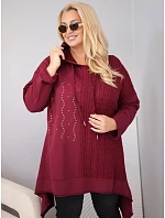 Dámská bavlněná mikina Plus Size s kapucí a pleteným pruhem bordó barva Dámská bavlněná mikina Plus Size s kapucí a pleteným pruhem bordó barva