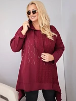 Dámska bavlnená mikina Plus Size s kapucňou a pleteným pruhom, bordová farba