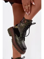 Skórzane Botki  Damskie Na Platformie Maciejka 07104-09 Ciemnozielone