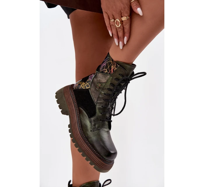 Skórzane Botki  Damskie Na Platformie Maciejka 07104-09 Ciemnozielone