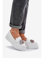 Skórzane Mokasyny Damskie Z Frędzlami Na Platformie I Koturnie Białe Eleazetta Skórzane Mokasyny Damskie Z Frędzlami Na Platformie I Koturnie Białe Eleazetta