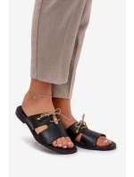 Skórzane Klapki Damskie Na Płaskim Obcasie Zazoo 3022 Czarne