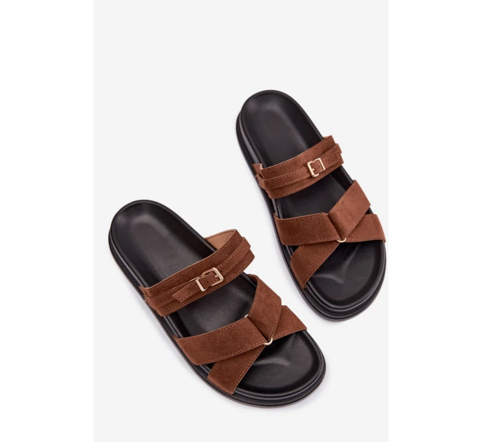 Dámské pantofle s pásky a zlatým sponou Hnědé Selorina