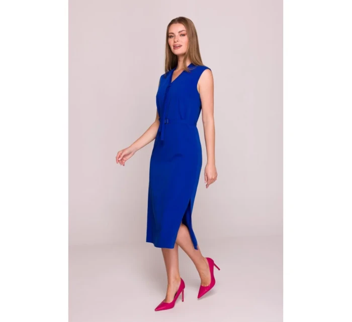 Šaty áčkového střihu s vázáním a výstřihem do V  modré model 21154776 - STYLOVE