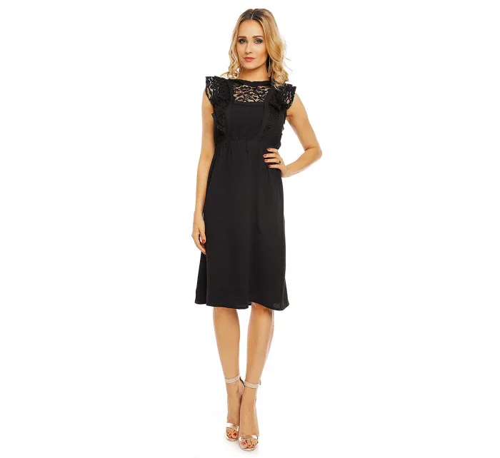 Dámske šaty s čipkovaným rukávom stredne dlhé čierne - Čierna - Elli White