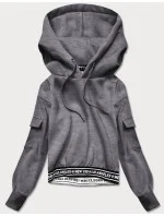 Krátká šedá dámská tepláková mikina se stahovacími lemy model 17202555 - J.STYLE Krátká šedá dámská tepláková mikina se stahovacími lemy model 17202555 - J.STYLE