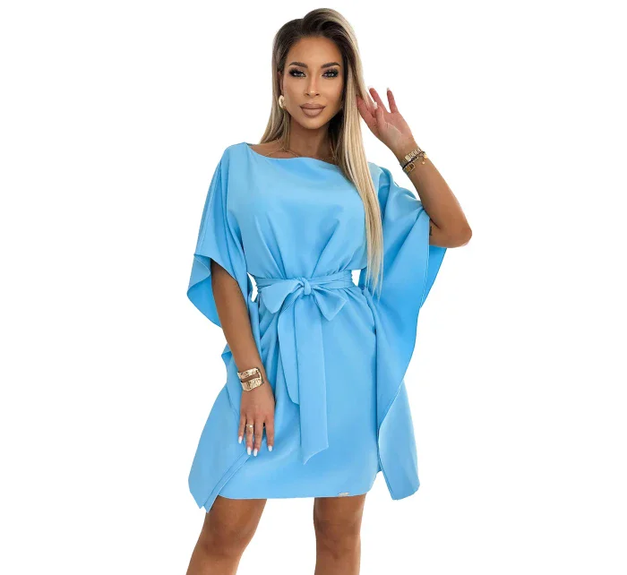 287-26 SOFIA Motýlie šaty so zaväzovaním v páse - MODRÉ