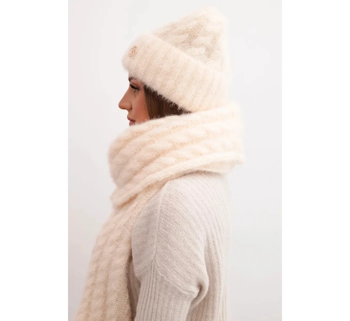 Dámska súprava čiapky a šálu s pruhmi s dekorom ecru