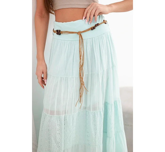 Dámska maxi bavlnená sukňa s čipkovou výšivkou a elastickým pásom mätová