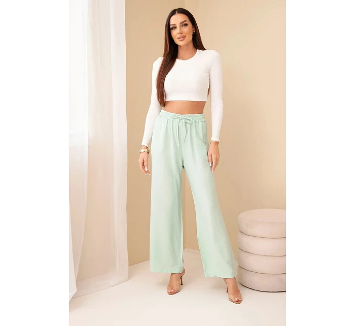 Viskózové nohavice so širokými nohavicami mätovej farby