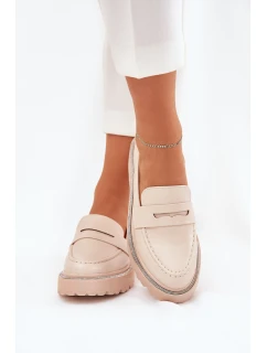 Mokasyny Damskie Eko Skórzane Z Cyrkoniami Beżowe Wilamla