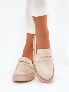 Mokasyny Damskie Eko Skórzane Z Cyrkoniami Beżowe Wilamla