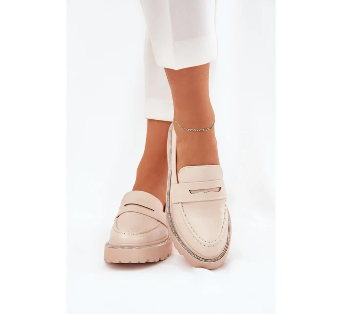 Mokasyny Damskie Eko Skórzane Z Cyrkoniami Beżowe Wilamla