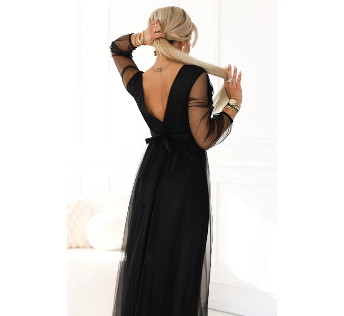 Dlouhé maxi šaty s rukávy a obálkovým výstřihem černé model 22045481 - numoco basic Dlouhé maxi šaty s rukávy a obálkovým výstřihem černé model 22045481 - numoco basic