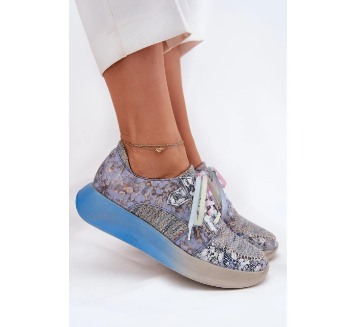 Skórzane Półbuty Sneakersy Damskie Na Platformie Maciejka 06776A-06 Niebieskie