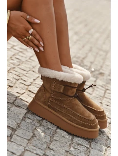 Zamszowe Śniegowce Damskie Z Ozdobnymi Przeszyciami  Big Star SS274373 Camel