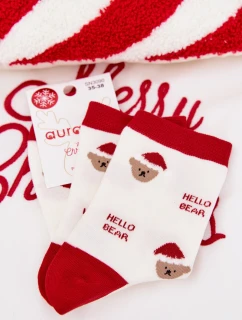 Dámské vánoční ponožky Medvídci v čepici Santa Claus Bílé