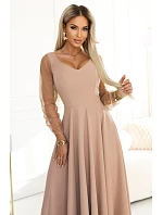 640-4 LORETTA jedinečné dlhé šaty s tylovými rukávmi a výstrihom - béžové 640-4 LORETTA jedinečné dlhé šaty s tylovými rukávmi a výstrihom - béžové