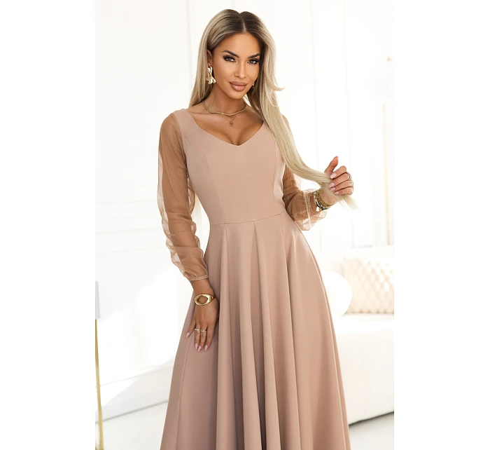 640-4 LORETTA jedinečné dlhé šaty s tylovými rukávmi a výstrihom - béžové 640-4 LORETTA jedinečné dlhé šaty s tylovými rukávmi a výstrihom - béžové