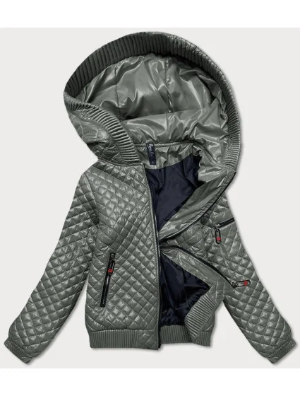 Krátka prešívaná bunda v khaki farbe so sťahovacími lemami (7261)