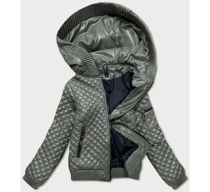 Krátka prešívaná bunda v khaki farbe so sťahovacími lemami (7261)