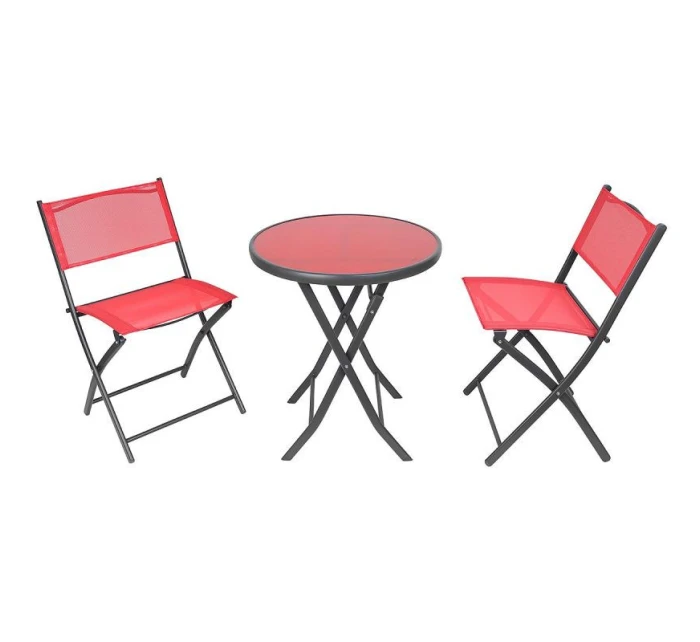 BALKÓNOVÝ NÁBYTOK SADA OKRÚHLY STÔL A 2 SKLADACIE STOLIČKY ČERVENÁ