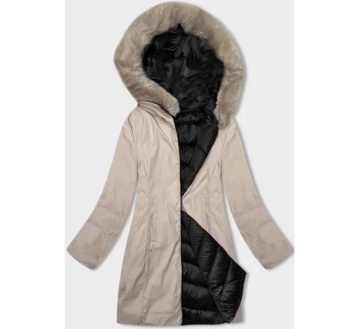 Čierno-béžová obojstranná dámska zimná bunda s kapucňou (B8202-1046)