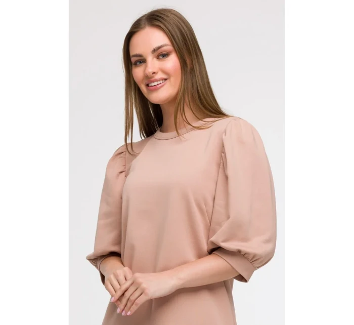 B291 Šaty áčkového strihu s rukávmi - mocca