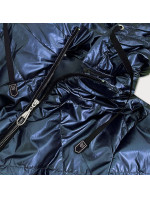 Tmavo modrá lesklá dámska bunda s kapucňou (B9575)