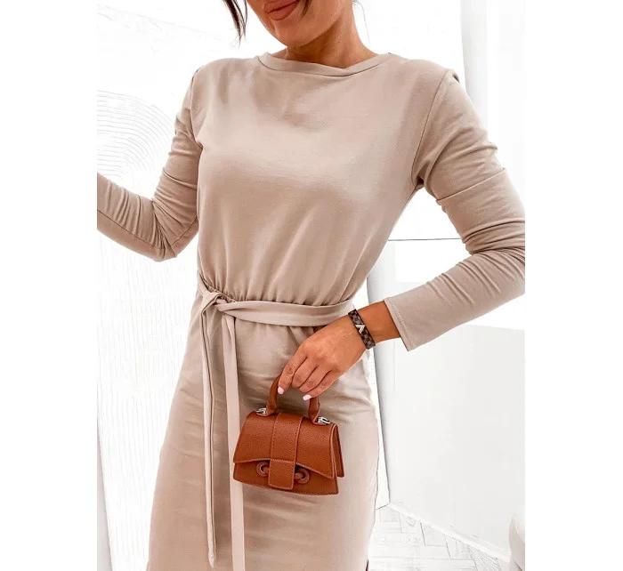 Béžové dámské midi šaty s páskem model 20302456 - Moon Béžové dámské midi šaty s páskem model 20302456 - Moon