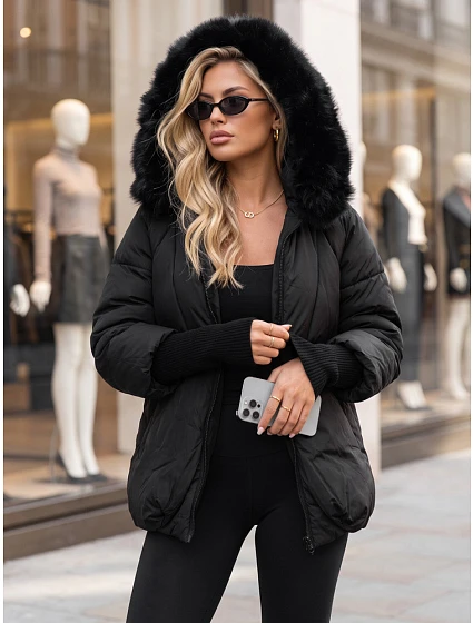 Dámska zimná prešívaná bunda s kožušinou, čierna, FashionStreet TY5995 Dámska zimná prešívaná bunda s kožušinou, čierna, FashionStreet TY5995