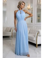 Elegantní maxi večerní šaty na ramínka s a zavazováním v pase modré model 22004204 - numoco basic Elegantní maxi večerní šaty na ramínka s a zavazováním v pase modré model 22004204 - numoco basic