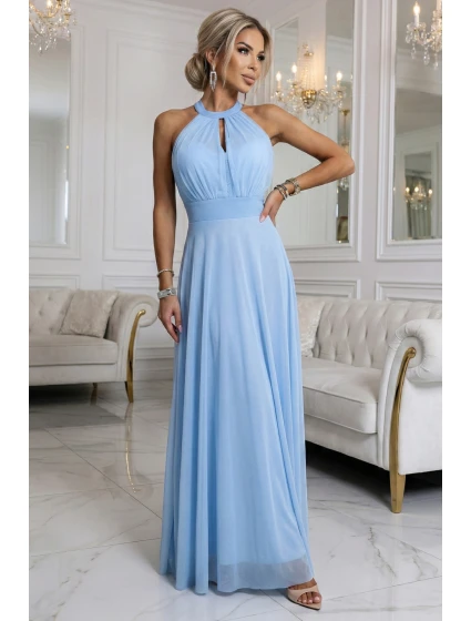 Elegantní maxi večerní šaty na ramínka s a zavazováním v pase modré model 22004204 - numoco basic Elegantní maxi večerní šaty na ramínka s a zavazováním v pase modré model 22004204 - numoco basic