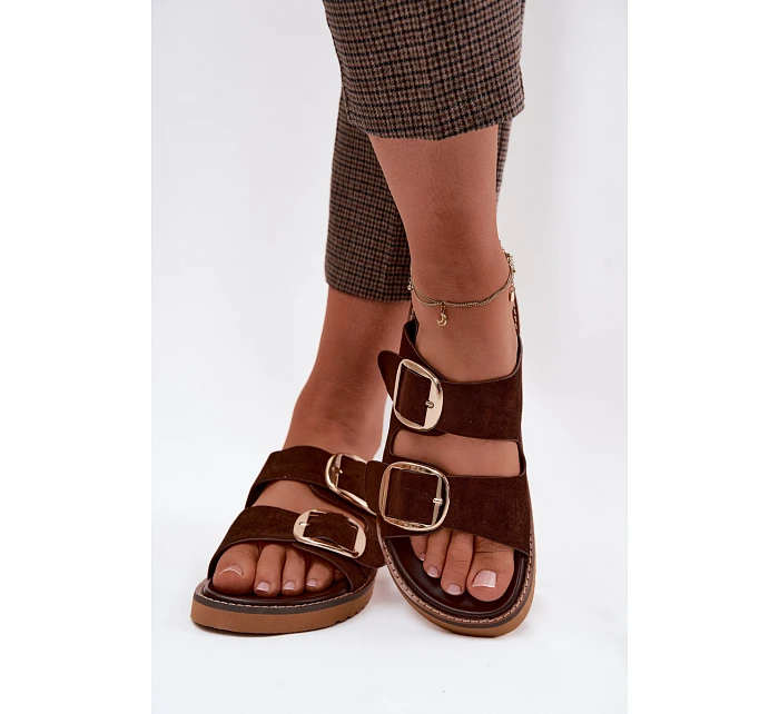 Dámské pantofle z imitace semiše se zlatými přezkami čokoládové model 22122715 - Boto