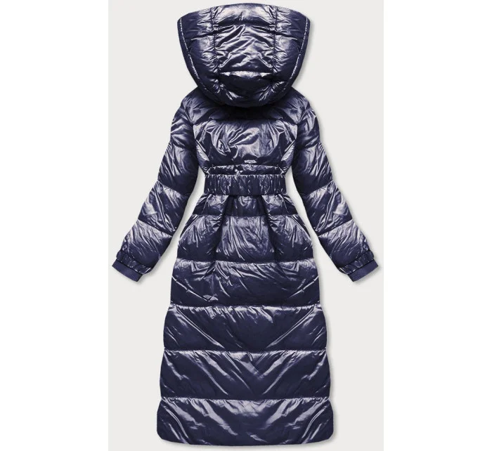 Tmavomodré dlhé dámske sako s opaskom (ag8-8002)