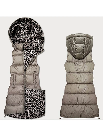Béžová hrubší oboustranná vesta s panteřím vzorem a s odepínací kapucí model 21310496 - HONEY WINTER Béžová hrubší oboustranná vesta s panteřím vzorem a s odepínací kapucí model 21310496 - HONEY WINTER
