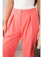 Dámské bavlněné kalhoty s vysokým pasem a ozdobným knoflíkem růžové